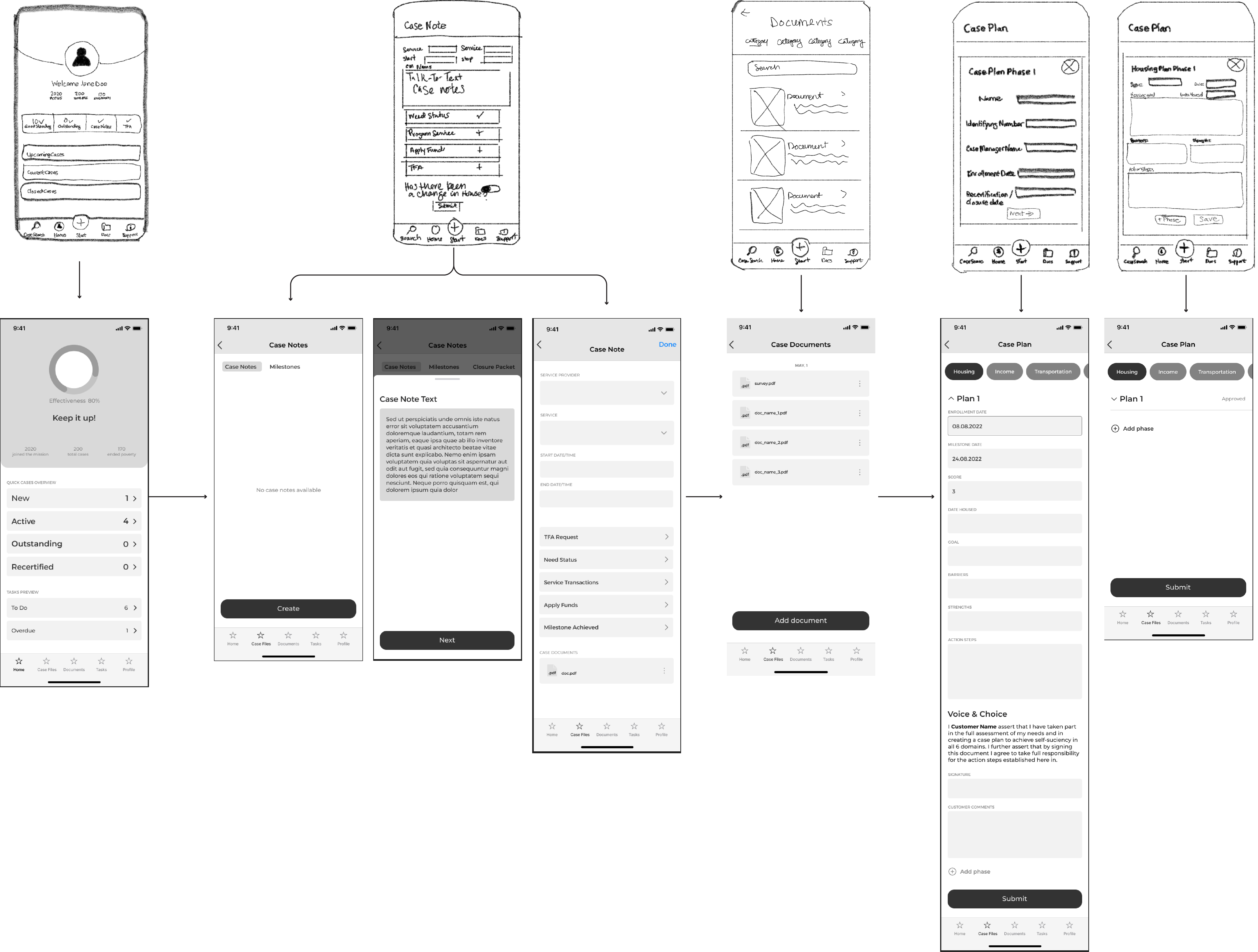 Evolution from early wireframes to refined mobile case management screens