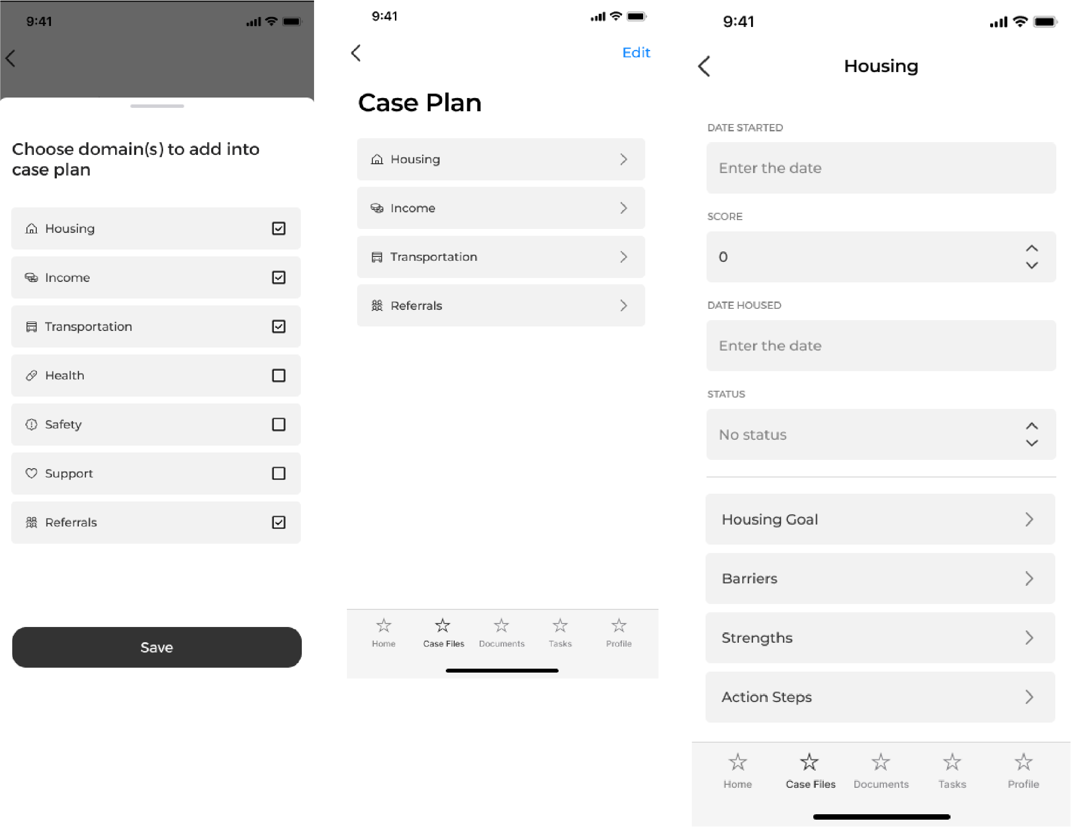 Initial domain-based case planning wireframes