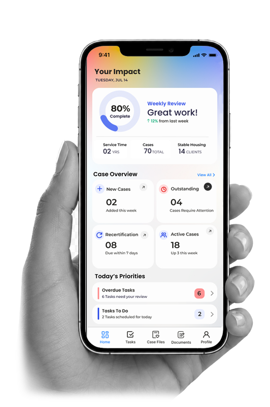 Mobile case management app shown in an angled phone mockup